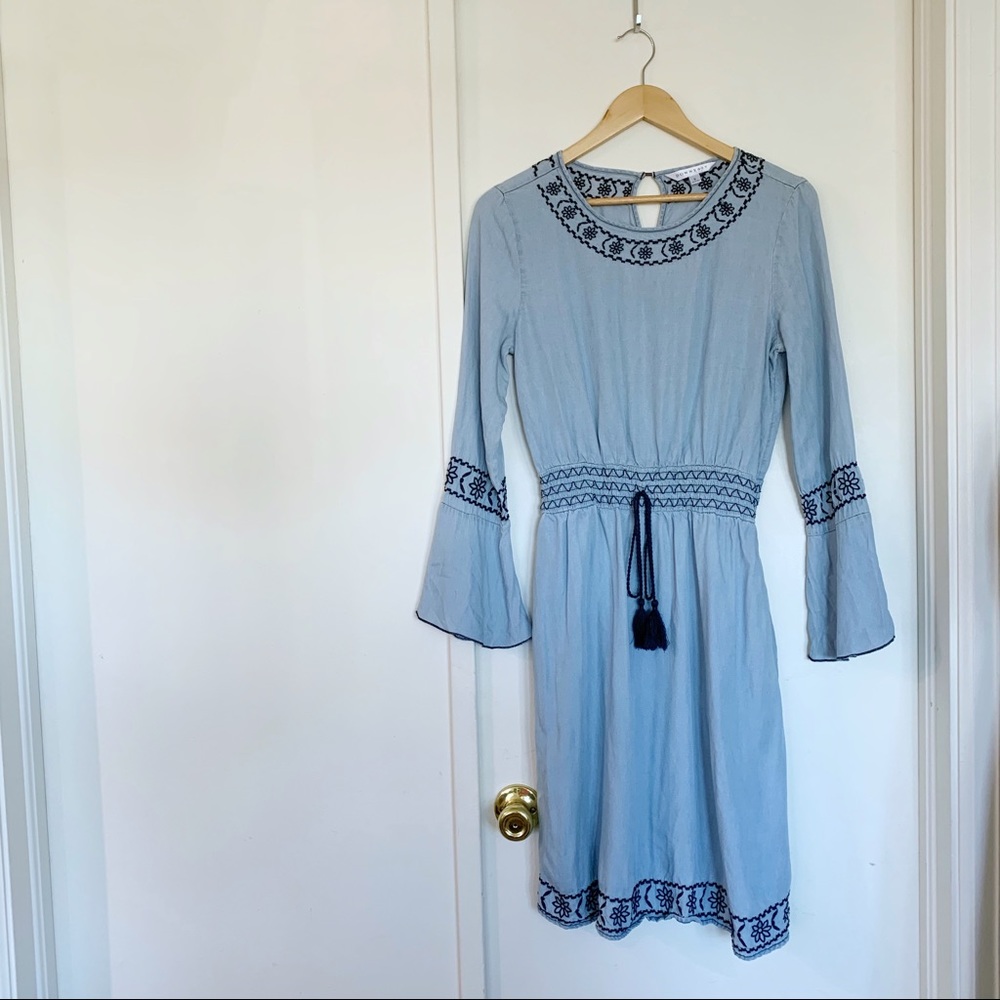 Downeast chambray embroidered bell sleeve dress